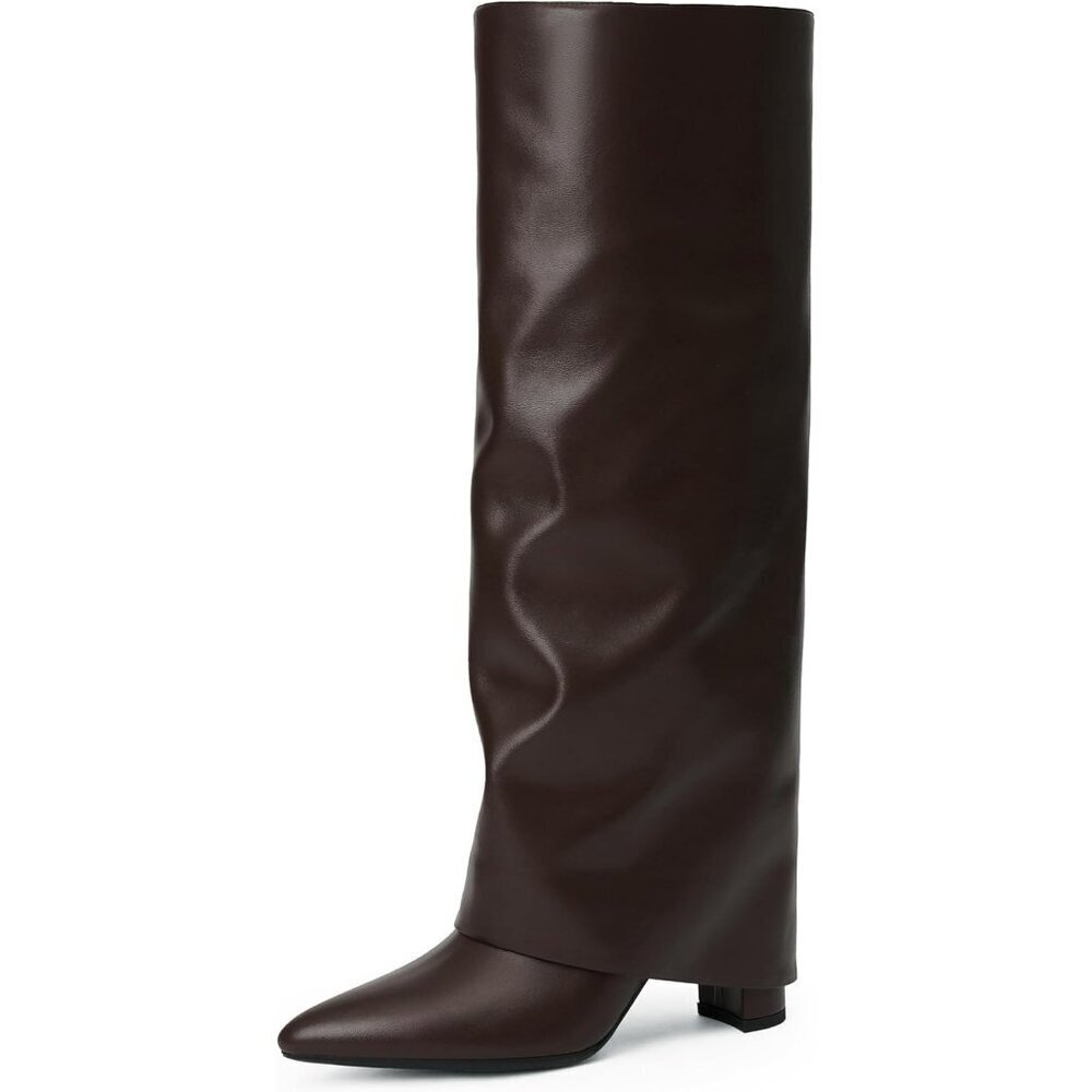 Women's Brown Modatope Knee High Fold Over Chunky Heels Zipper Tall Boots - Picture 1 of 7